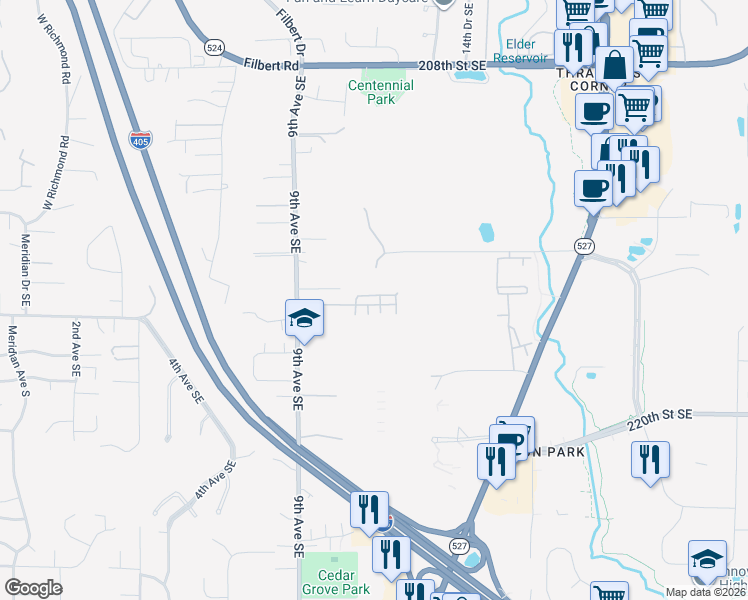 map of restaurants, bars, coffee shops, grocery stores, and more near 1060 215th Place Southeast in Bothell