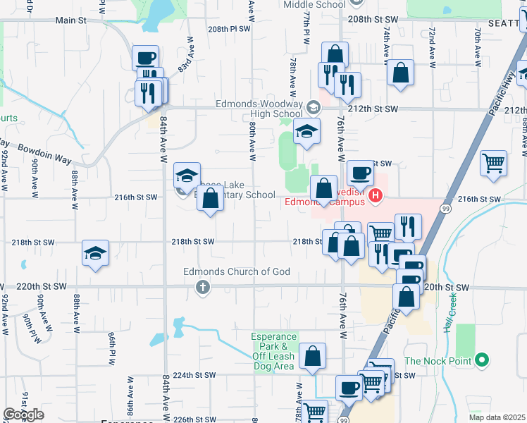 map of restaurants, bars, coffee shops, grocery stores, and more near 21713 80th Avenue West in Edmonds