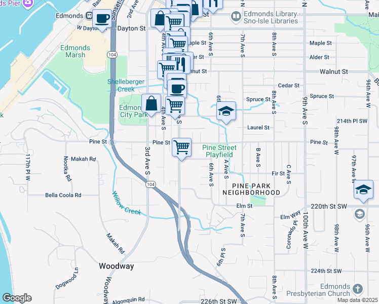 map of restaurants, bars, coffee shops, grocery stores, and more near 520 Forsyth Lane in Edmonds