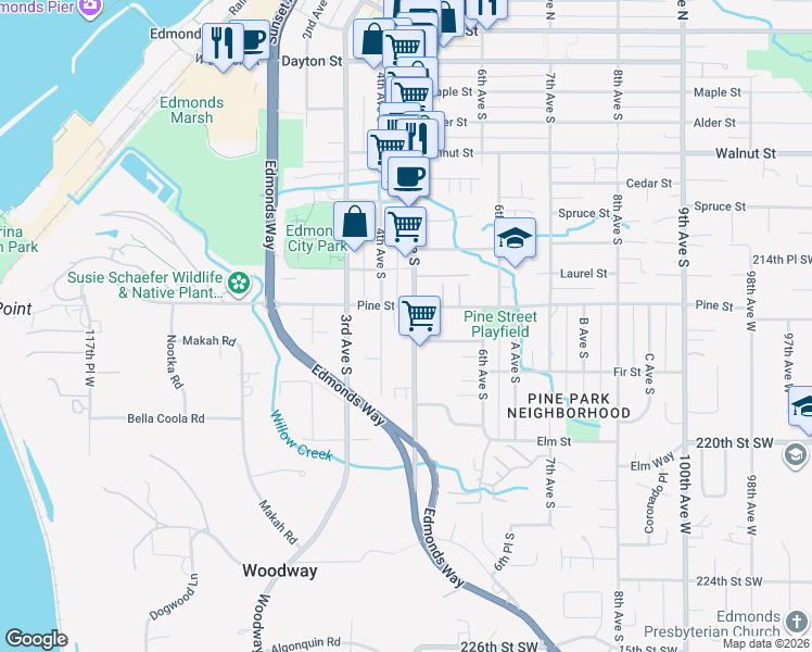 map of restaurants, bars, coffee shops, grocery stores, and more near 1041 5th Avenue South in Edmonds