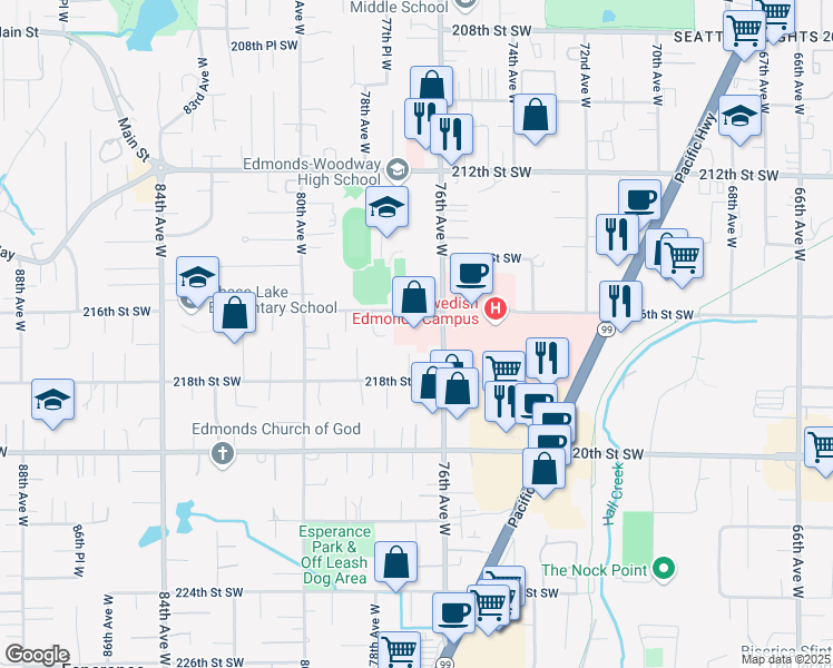 map of restaurants, bars, coffee shops, grocery stores, and more near 21616 76th Avenue West in Edmonds
