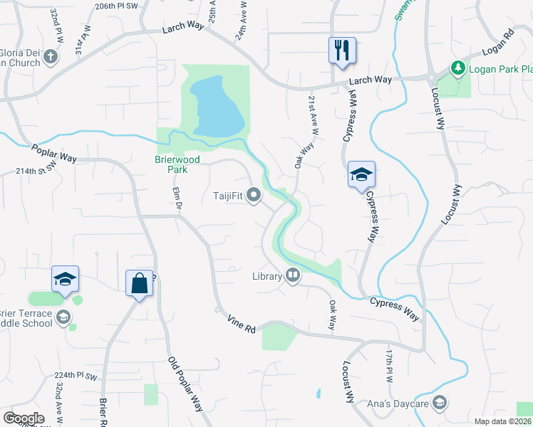 map of restaurants, bars, coffee shops, grocery stores, and more near 21555 Elm Drive in Brier