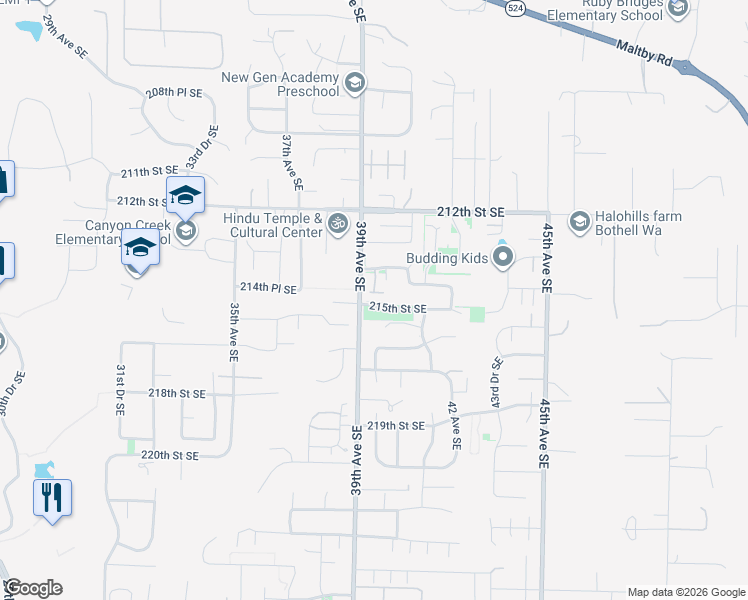 map of restaurants, bars, coffee shops, grocery stores, and more near 3918 214th Place Southeast in Bothell