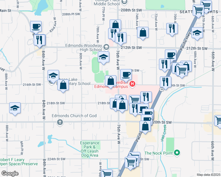 map of restaurants, bars, coffee shops, grocery stores, and more near 21616 76th Avenue West in Edmonds