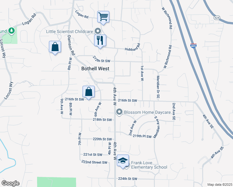 map of restaurants, bars, coffee shops, grocery stores, and more near 324 214th Street Southwest in Bothell