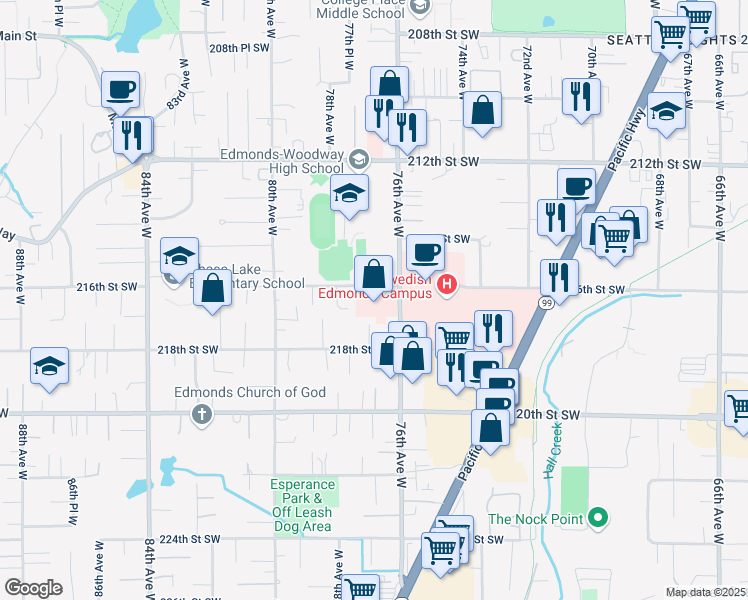 map of restaurants, bars, coffee shops, grocery stores, and more near 21616 76th Avenue West in Edmonds