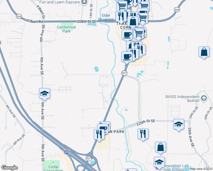 map of restaurants, bars, coffee shops, grocery stores, and more near 21519 16 Drive Southeast in Bothell