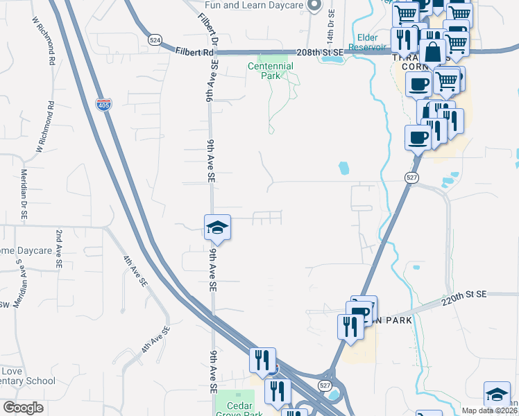 map of restaurants, bars, coffee shops, grocery stores, and more near 1047 215th Place Southeast in Bothell