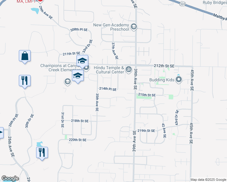 map of restaurants, bars, coffee shops, grocery stores, and more near 3918 214th Place Southeast in Bothell