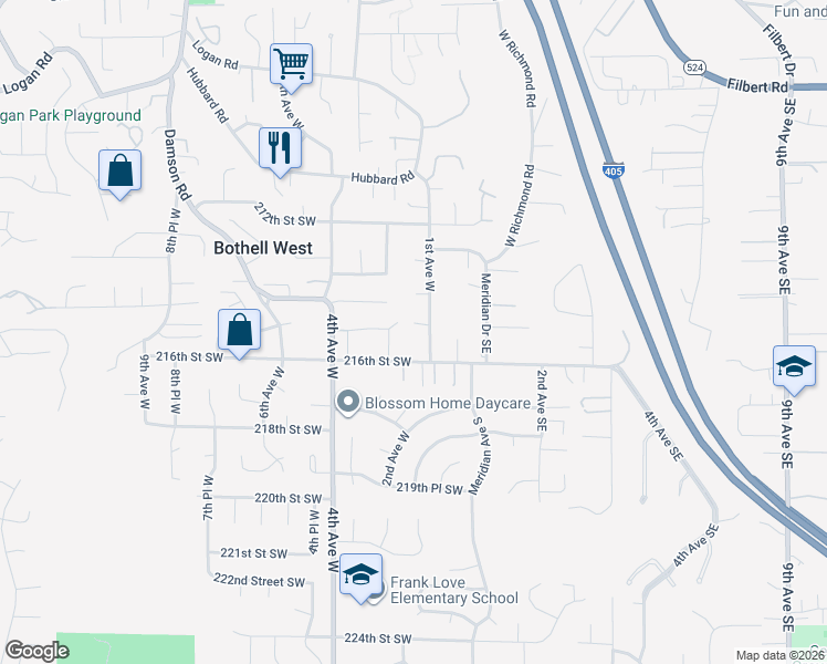 map of restaurants, bars, coffee shops, grocery stores, and more near 21410 1st Avenue West in Bothell