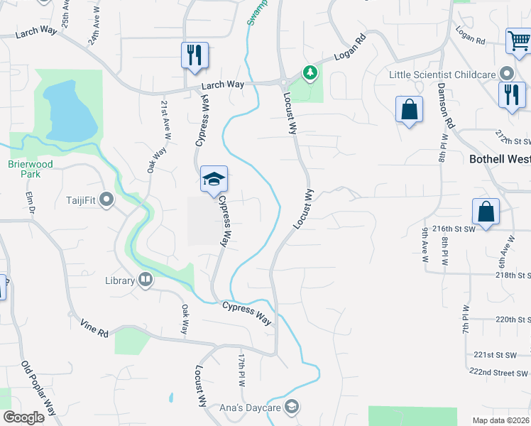 map of restaurants, bars, coffee shops, grocery stores, and more near 21502 16th Place West in Lynnwood