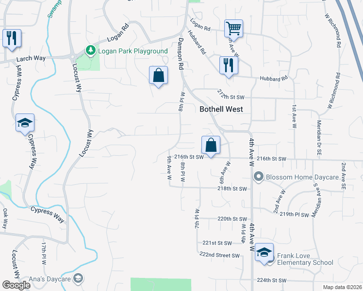map of restaurants, bars, coffee shops, grocery stores, and more near 21503 8th Place West in Lynnwood
