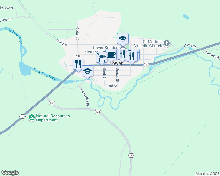 map of restaurants, bars, coffee shops, grocery stores, and more near 511 South 3rd Street in Tower