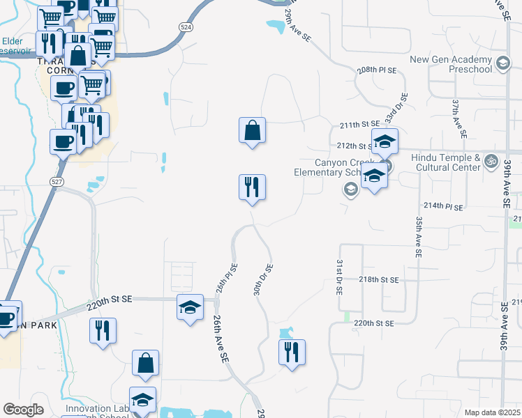 map of restaurants, bars, coffee shops, grocery stores, and more near 21520 30th Drive Southeast in Bothell
