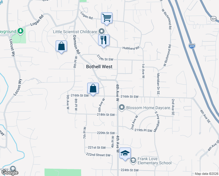 map of restaurants, bars, coffee shops, grocery stores, and more near 21427 Damson Road in Bothell