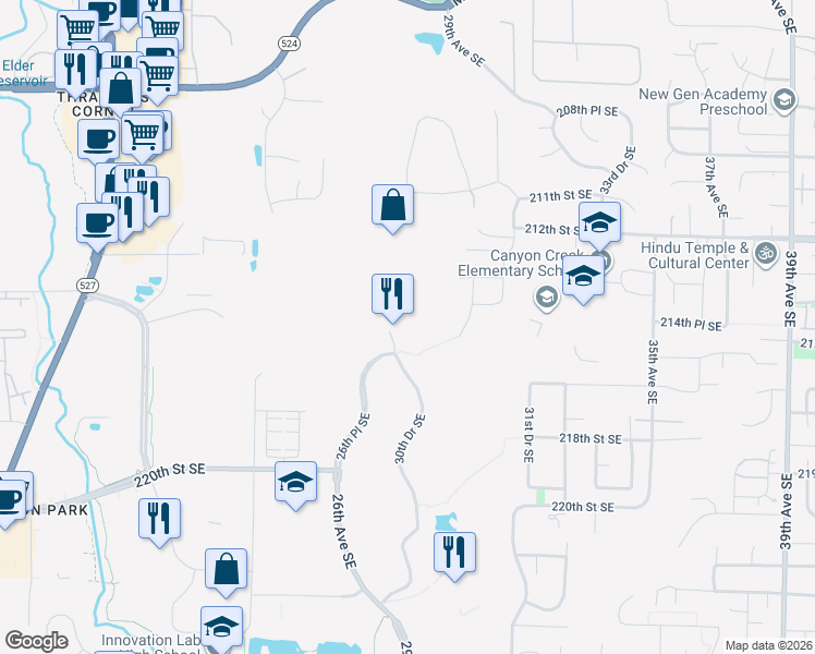 map of restaurants, bars, coffee shops, grocery stores, and more near 21520 30th Drive Southeast in Bothell