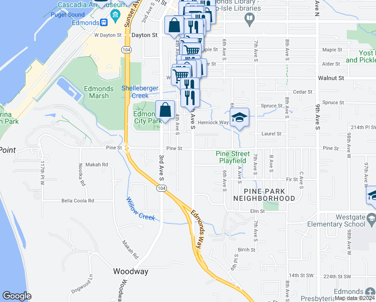 map of restaurants, bars, coffee shops, grocery stores, and more near in Edmonds