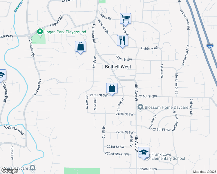 map of restaurants, bars, coffee shops, grocery stores, and more near 21424 6th Avenue West in Bothell