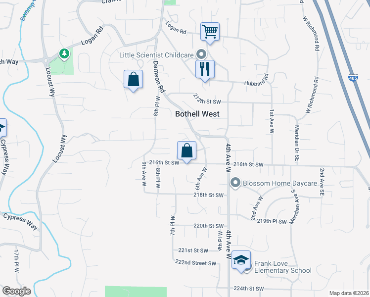 map of restaurants, bars, coffee shops, grocery stores, and more near 21424 6th Avenue West in Bothell