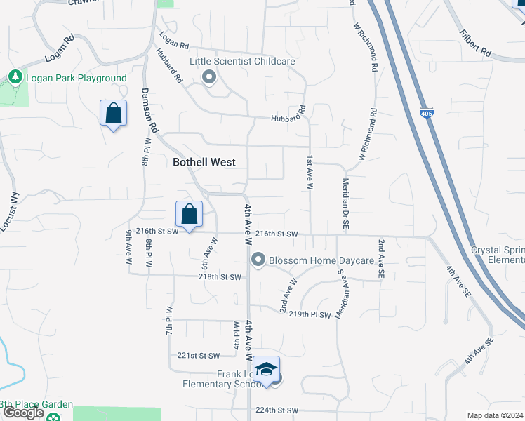 map of restaurants, bars, coffee shops, grocery stores, and more near 324 214th Street Southwest in Bothell