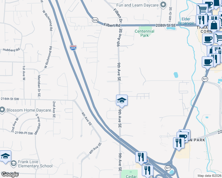 map of restaurants, bars, coffee shops, grocery stores, and more near 21420 9th Avenue Southeast in Bothell