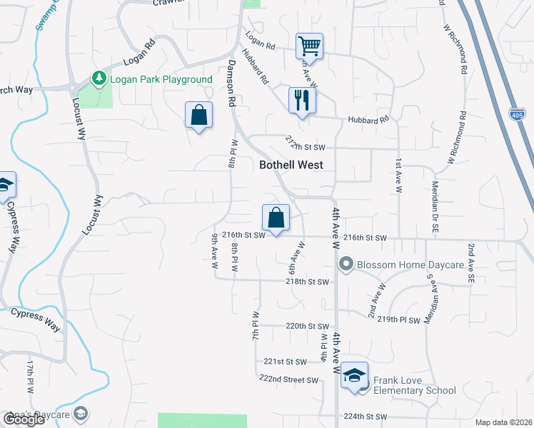 map of restaurants, bars, coffee shops, grocery stores, and more near 21424 6th Avenue West in Bothell