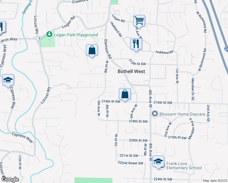 map of restaurants, bars, coffee shops, grocery stores, and more near 21503 8th Place West in Lynnwood