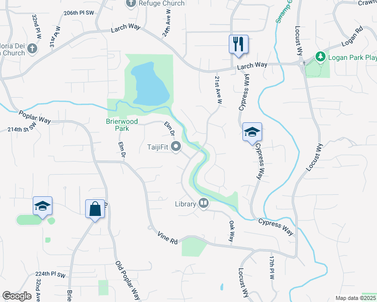 map of restaurants, bars, coffee shops, grocery stores, and more near 21555 Elm Drive in Brier