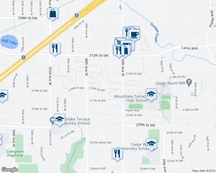 map of restaurants, bars, coffee shops, grocery stores, and more near 4601 216th Street Southwest in Mountlake Terrace