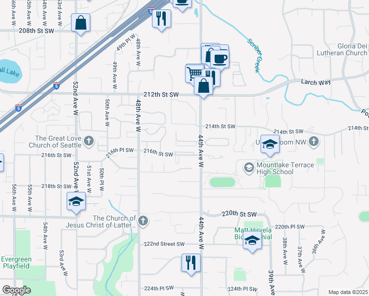 map of restaurants, bars, coffee shops, grocery stores, and more near 4601 216th Street Southwest in Mountlake Terrace
