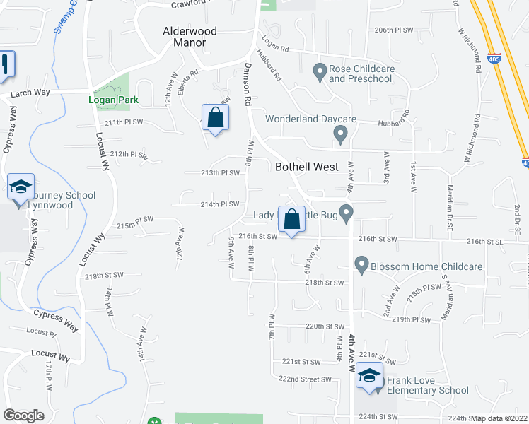 map of restaurants, bars, coffee shops, grocery stores, and more near 21503 8th Place West in Lynnwood