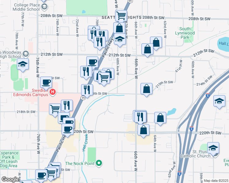 map of restaurants, bars, coffee shops, grocery stores, and more near 6801 216th Street Southwest in Mountlake Terrace