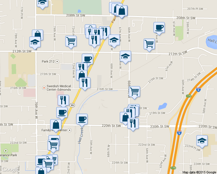 map of restaurants, bars, coffee shops, grocery stores, and more near 6801 216th Street Southwest in Mountlake Terrace