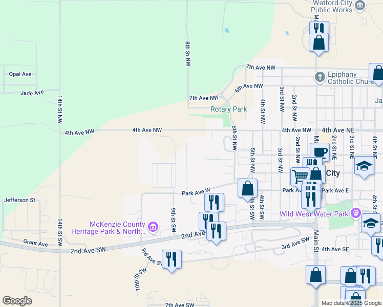 map of restaurants, bars, coffee shops, grocery stores, and more near 4th Avenue Northwest in Watford City