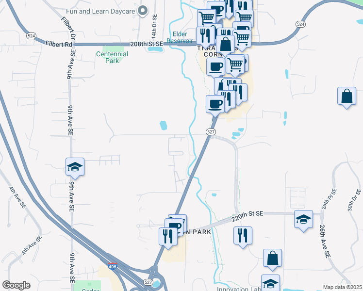 map of restaurants, bars, coffee shops, grocery stores, and more near 21423 16 Drive Southeast in Bothell