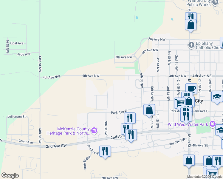 map of restaurants, bars, coffee shops, grocery stores, and more near 501 8th Street Northwest in Watford City