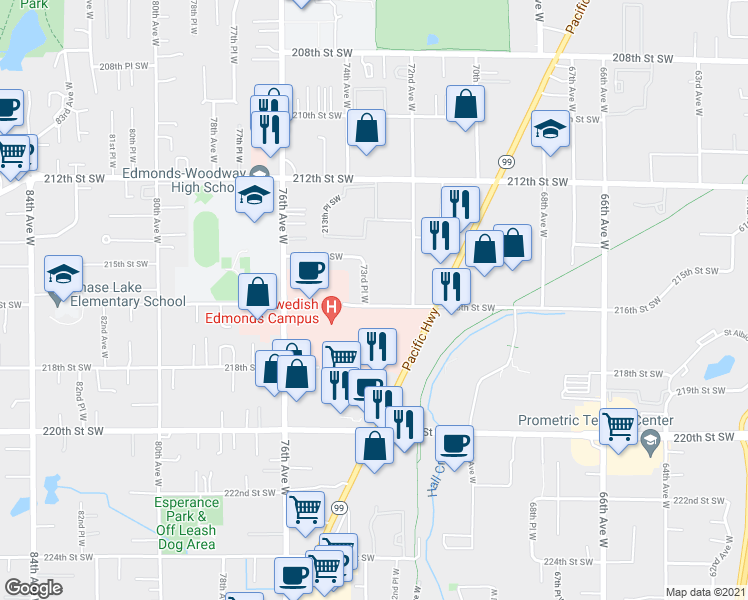 map of restaurants, bars, coffee shops, grocery stores, and more near 7315 216th Street Southwest in Edmonds
