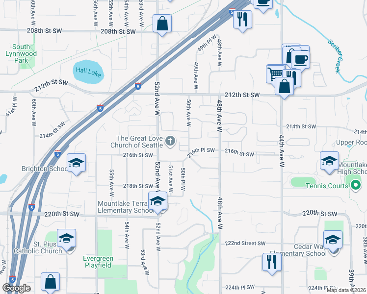 map of restaurants, bars, coffee shops, grocery stores, and more near 21504 50th Avenue West in Mountlake Terrace