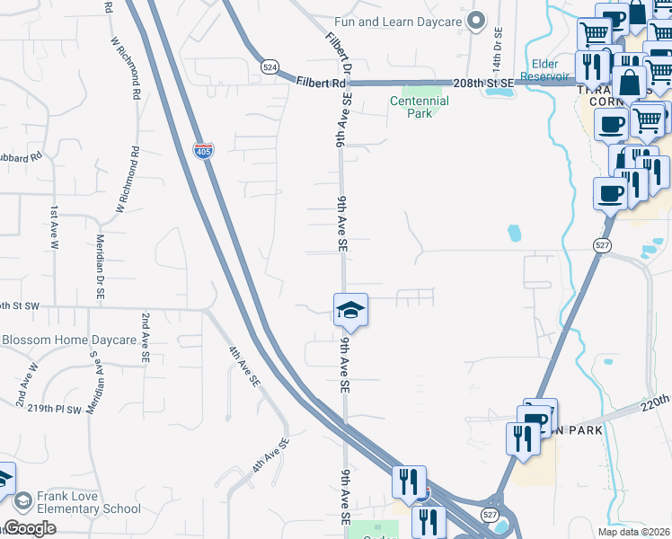 map of restaurants, bars, coffee shops, grocery stores, and more near 21420 9th Avenue Southeast in Bothell