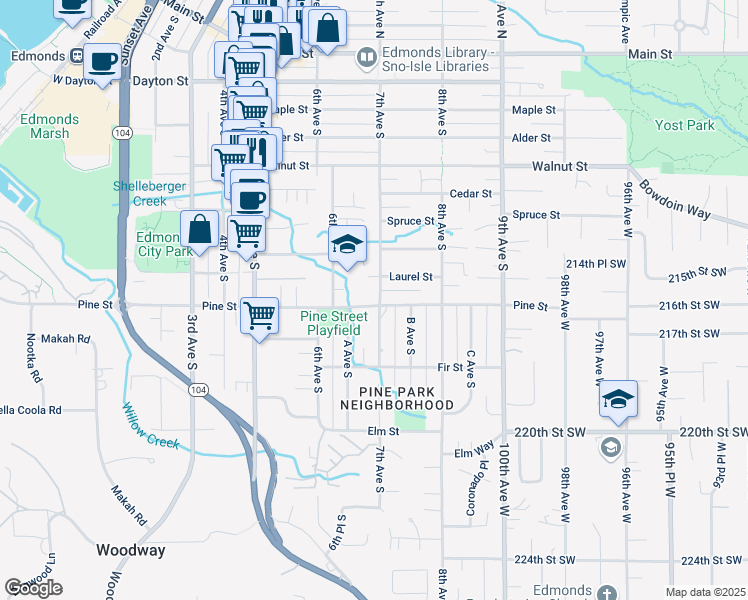 map of restaurants, bars, coffee shops, grocery stores, and more near in Woodway