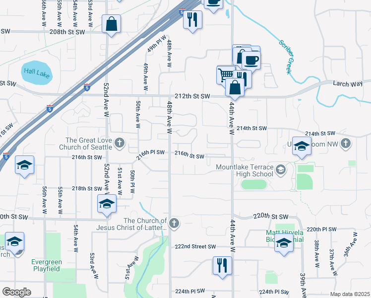 map of restaurants, bars, coffee shops, grocery stores, and more near 4715 216th Street Southwest in Mountlake Terrace