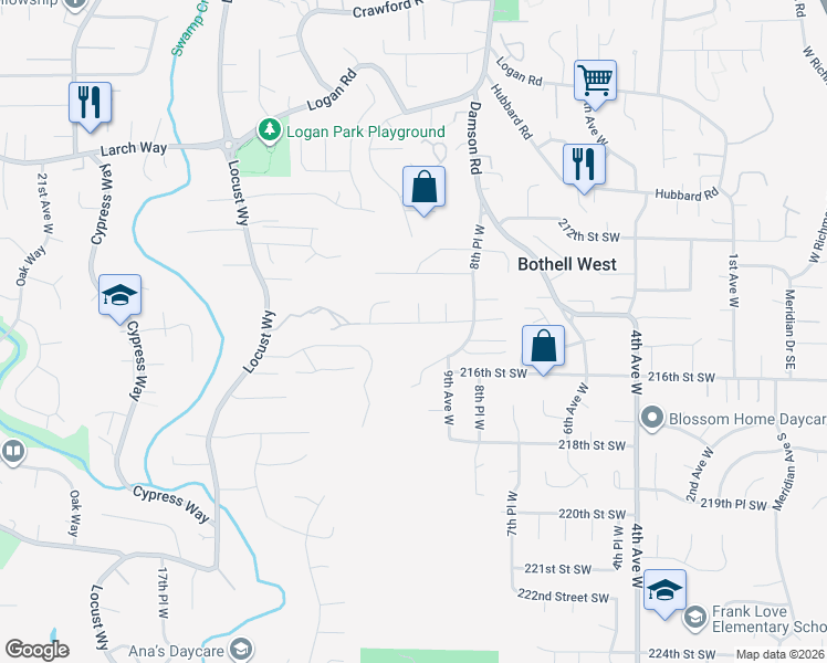 map of restaurants, bars, coffee shops, grocery stores, and more near 1012 214th Place Southwest in Lynnwood