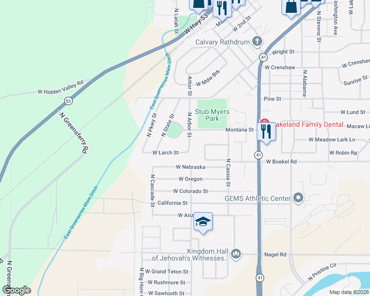 map of restaurants, bars, coffee shops, grocery stores, and more near 8503 West Larch Street in Rathdrum