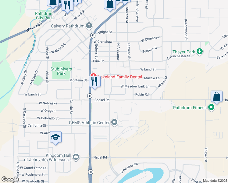 map of restaurants, bars, coffee shops, grocery stores, and more near 14496 Ohio St in Rathdrum