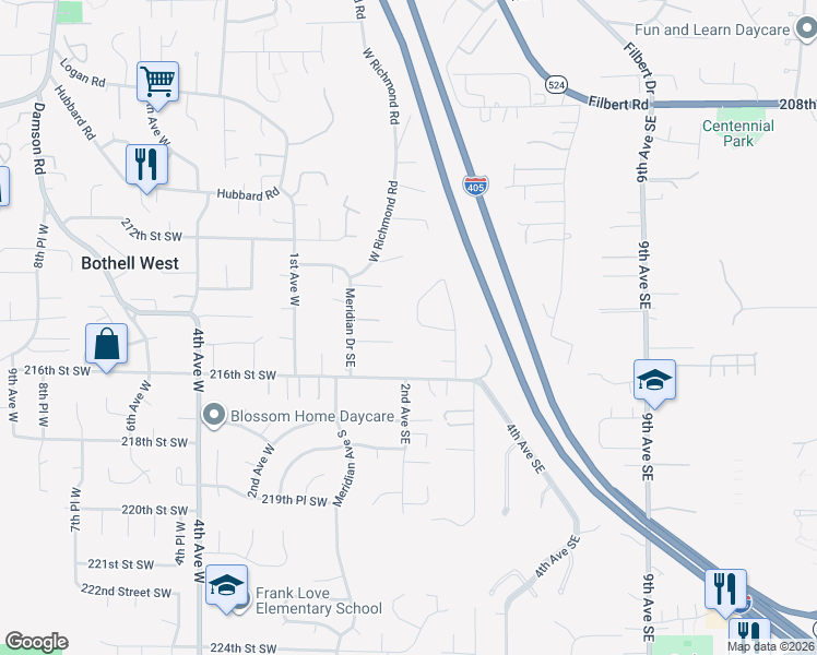 map of restaurants, bars, coffee shops, grocery stores, and more near 21414 2nd Avenue Southeast in Bothell