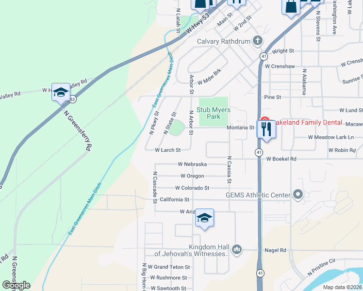 map of restaurants, bars, coffee shops, grocery stores, and more near 8503 West Larch Street in Rathdrum