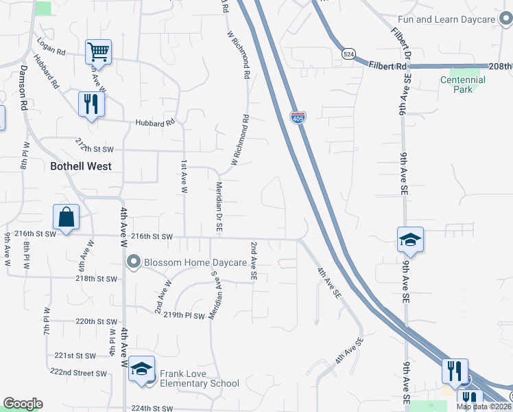 map of restaurants, bars, coffee shops, grocery stores, and more near 21414 2nd Avenue Southeast in Bothell