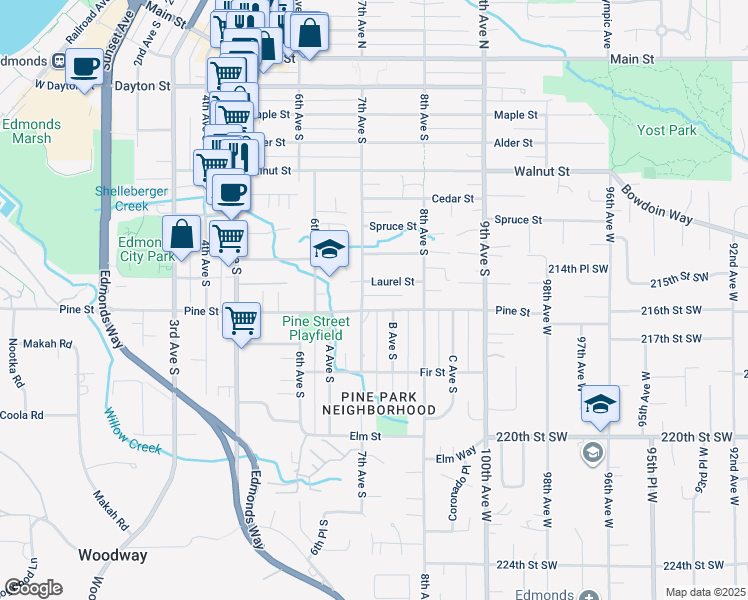 map of restaurants, bars, coffee shops, grocery stores, and more near 909 7th Avenue South in Edmonds