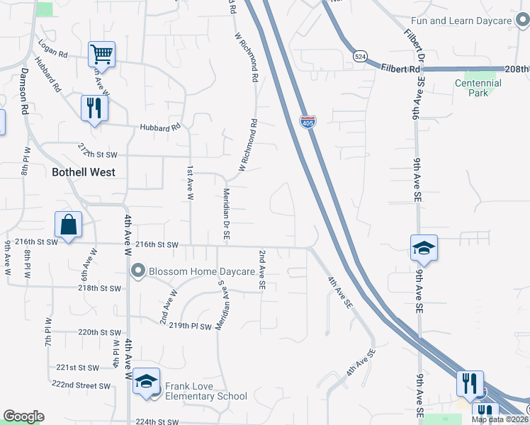 map of restaurants, bars, coffee shops, grocery stores, and more near 21414 2nd Avenue Southeast in Bothell