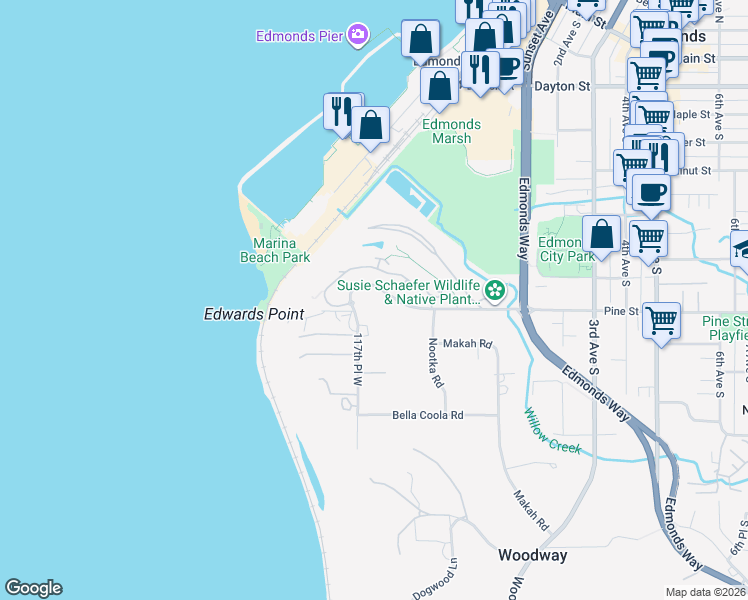 map of restaurants, bars, coffee shops, grocery stores, and more near 50 Pine Street in Edmonds